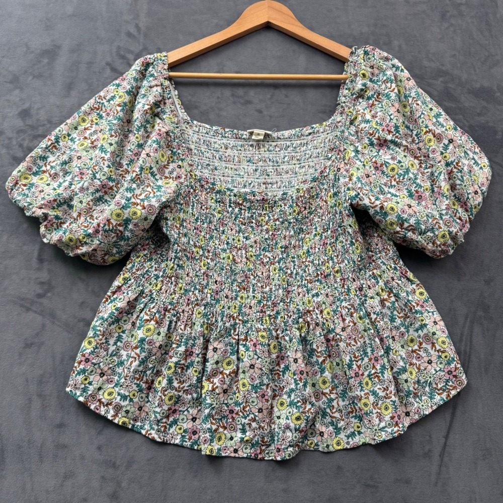 ANA A New Approach Floral Smocked Puff Sleeve Peplum Top XL Multi Color